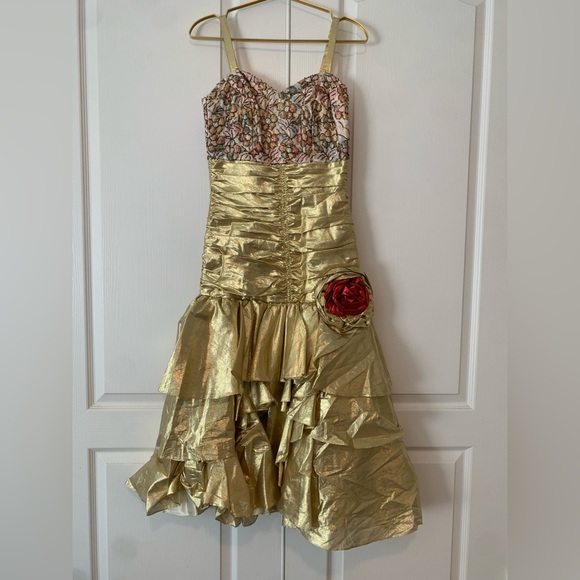 Vintage One Of A Kind Gold Gown With Flower Hand Beading Detailing Rose Dress!! - Picture 7 of 16